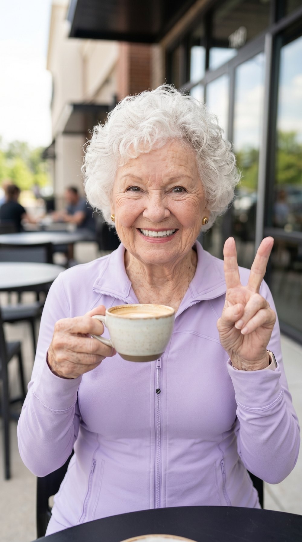 Mindy smiling and making a peace sign while holding a coffee cup, wearing a lavender jacket